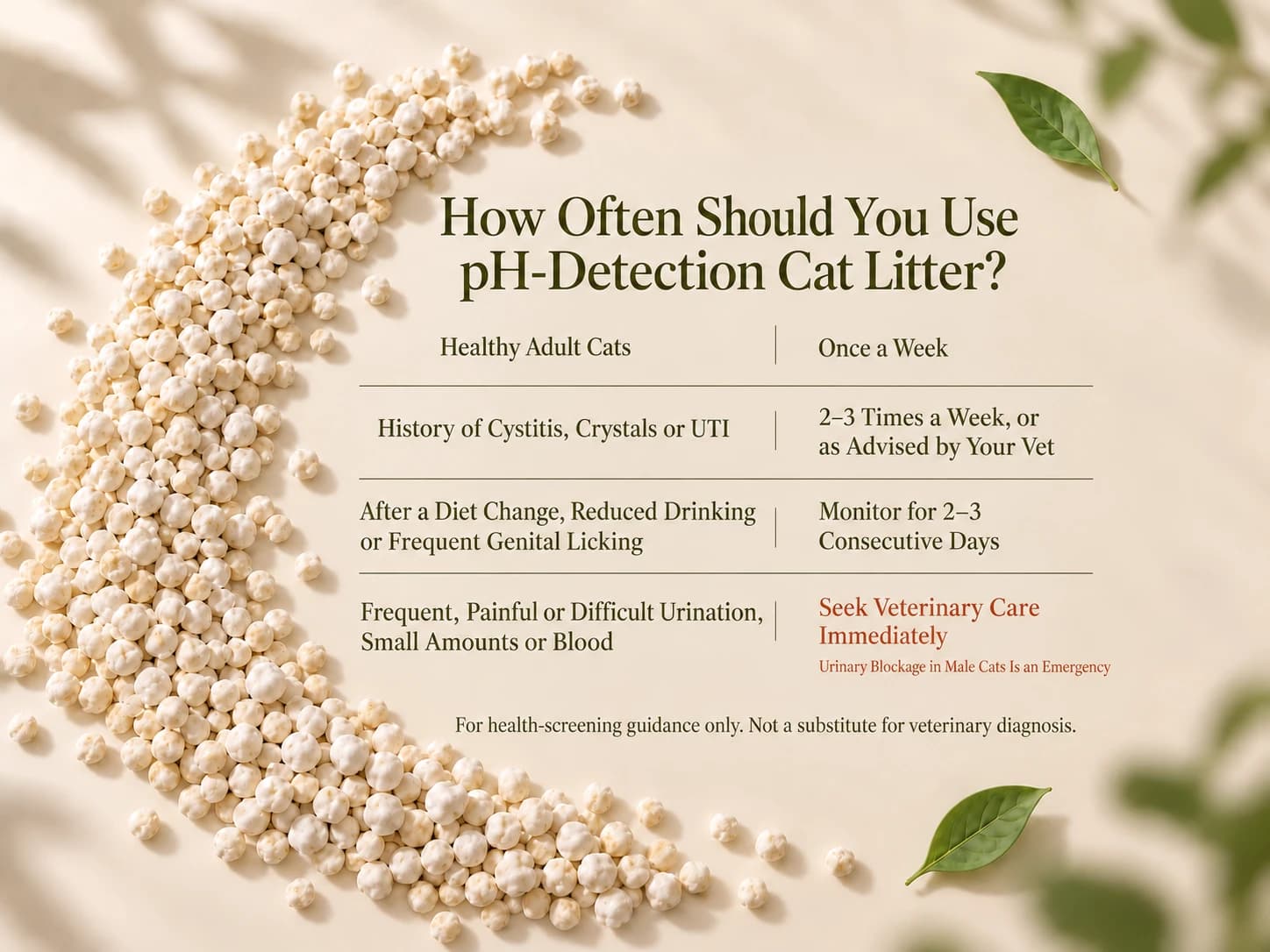 How often to use pH-detection cat litter, by cat health situation