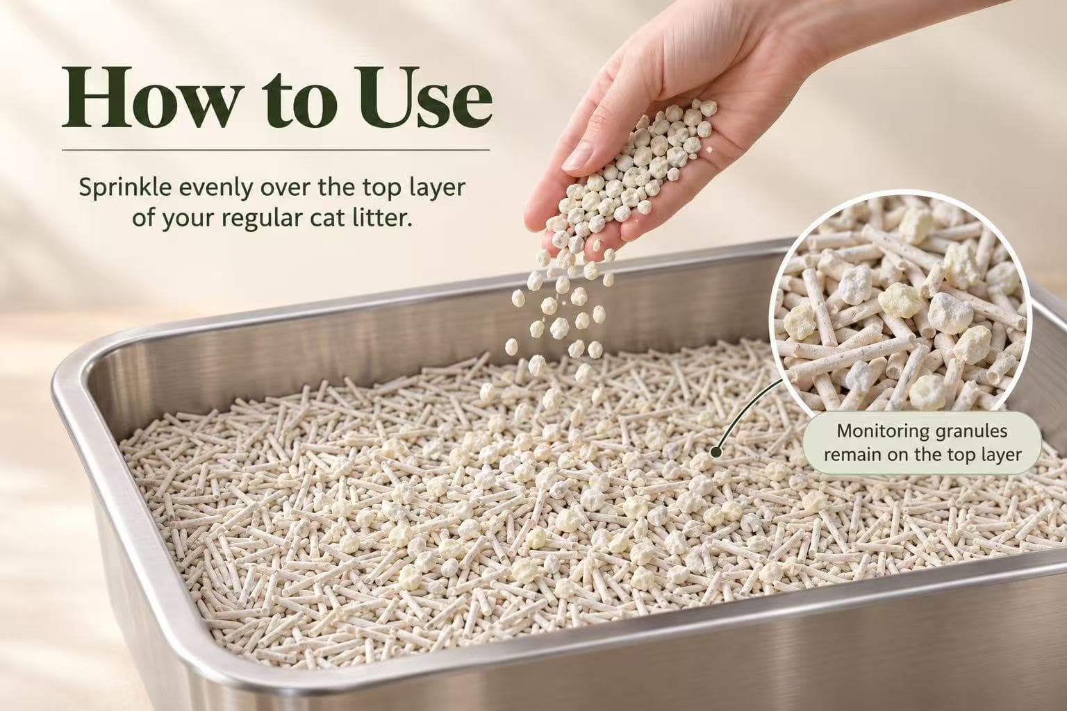 Sprinkling monitoring granules over the top layer of regular cat litter