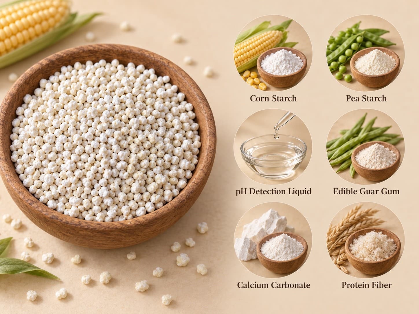 Ingredients: corn starch, pea starch, pH detection liquid, edible guar gum, calcium carbonate, and protein fiber