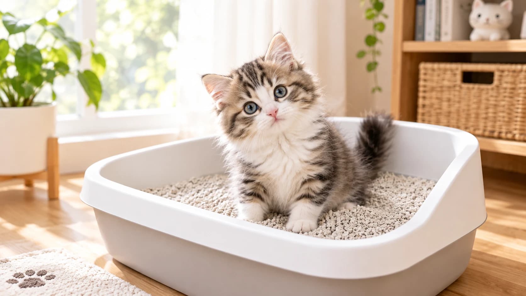 A kitten with a litter box
