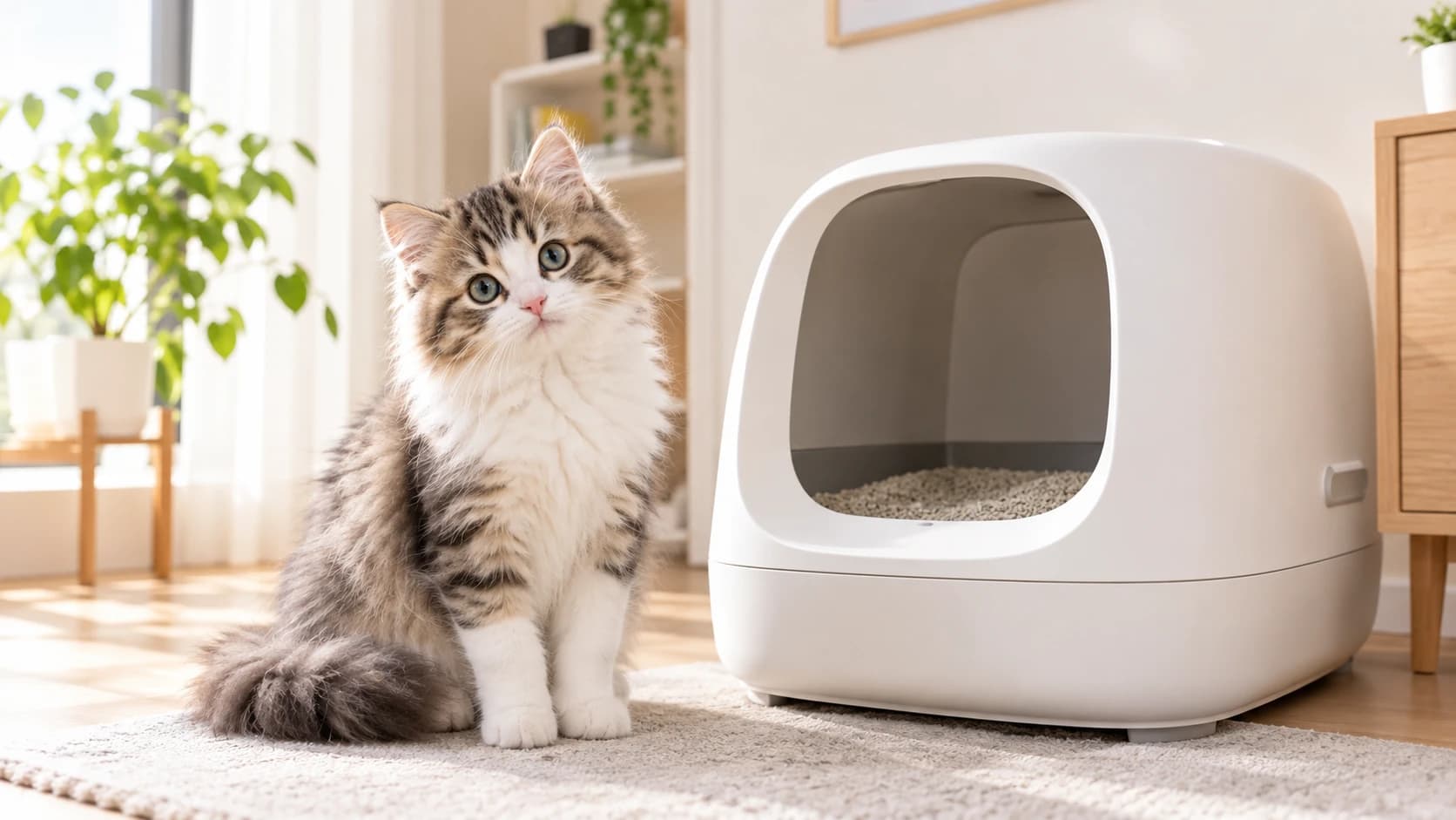 A kitten next to a self-cleaning litter box